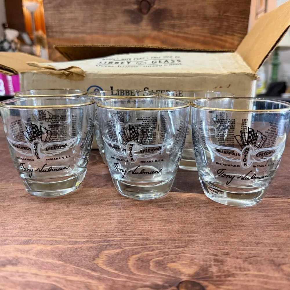 Vintage Indy 500 Winners Rocks Glass Set of 6 Tony Hulman Signed Gold Rim in Box